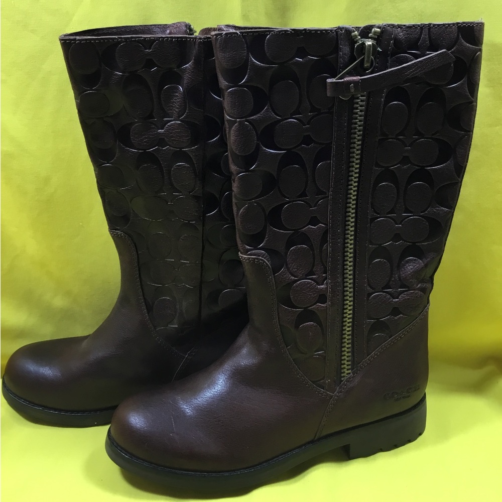 Coach Brown Leather Valentine Mid-Calf Logo-Embossed Boot with Gold-Zip SZ 8 - Picture 1 of 16